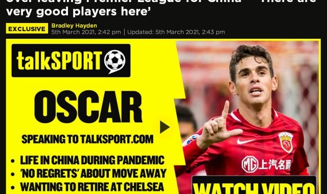 高赔率投注-奥斯卡:不后悔离开切尔西 中超有很多优秀球员